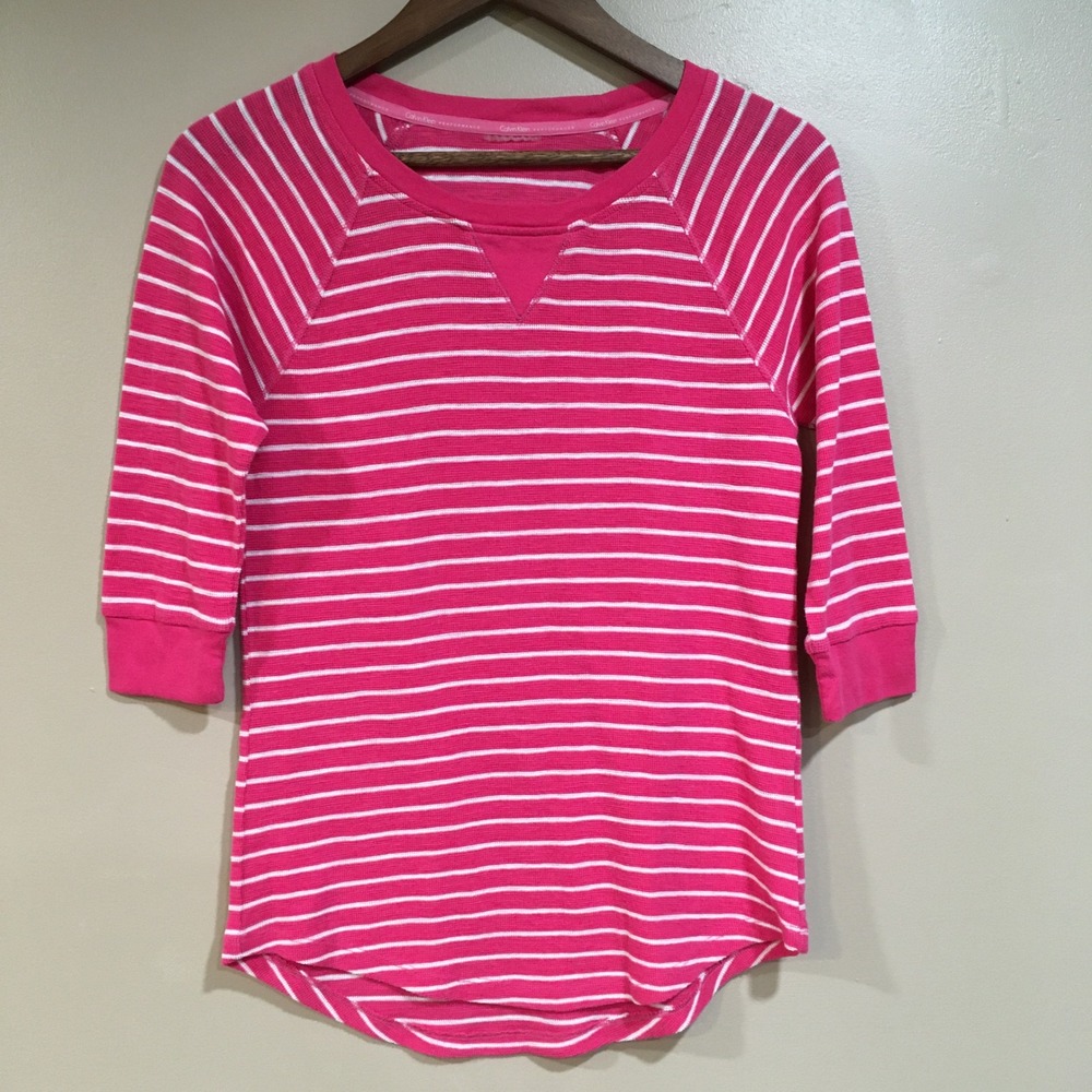 Calvin Klein Performance Striped Waffle Knit Top Womens S Pink‎ Preppy Thermal